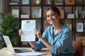 Femme souriante tenant un certificat d'inscription provisoire