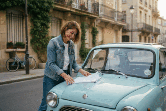 Femme souriante avec microcar dans une rue résidentielle