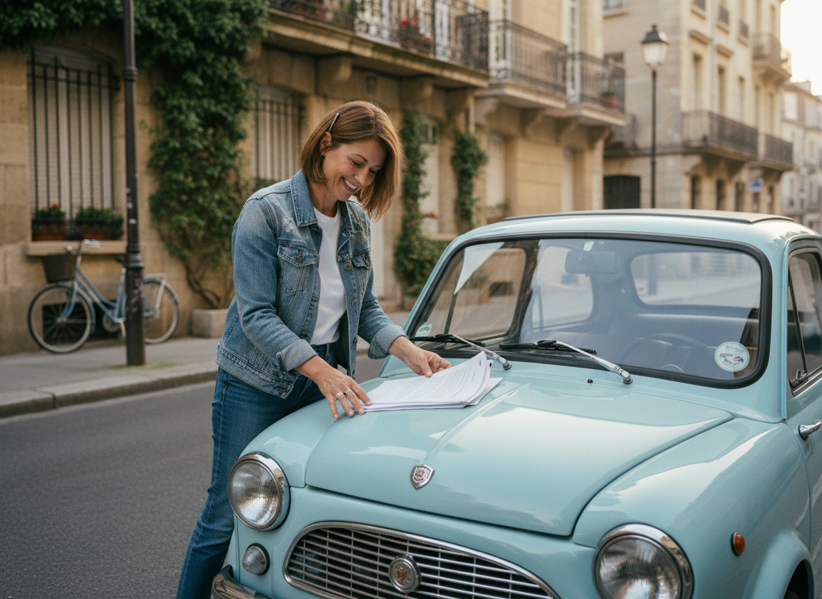 Femme souriante avec microcar dans une rue résidentielle