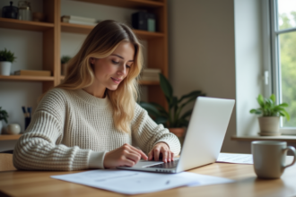 Femme assise à une table de cuisine examine des papiers et tape sur un ordinateur