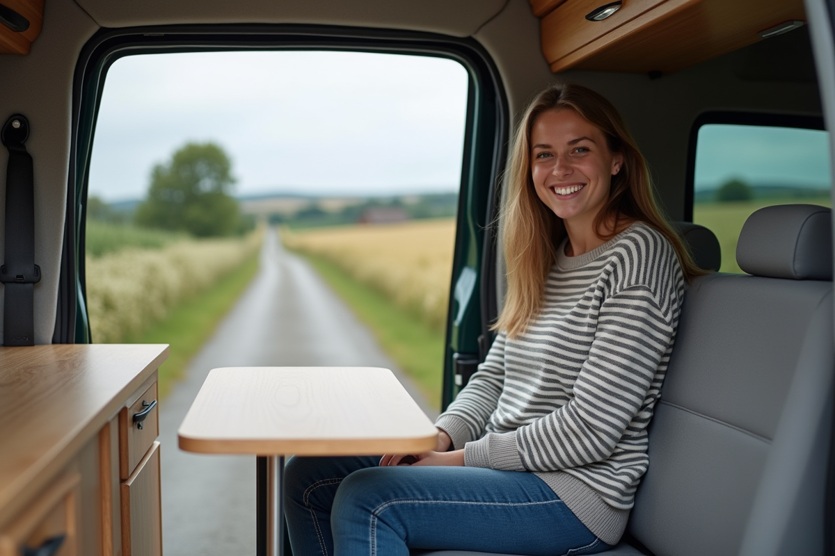 Femme souriante dans le van avec vue sur la campagne