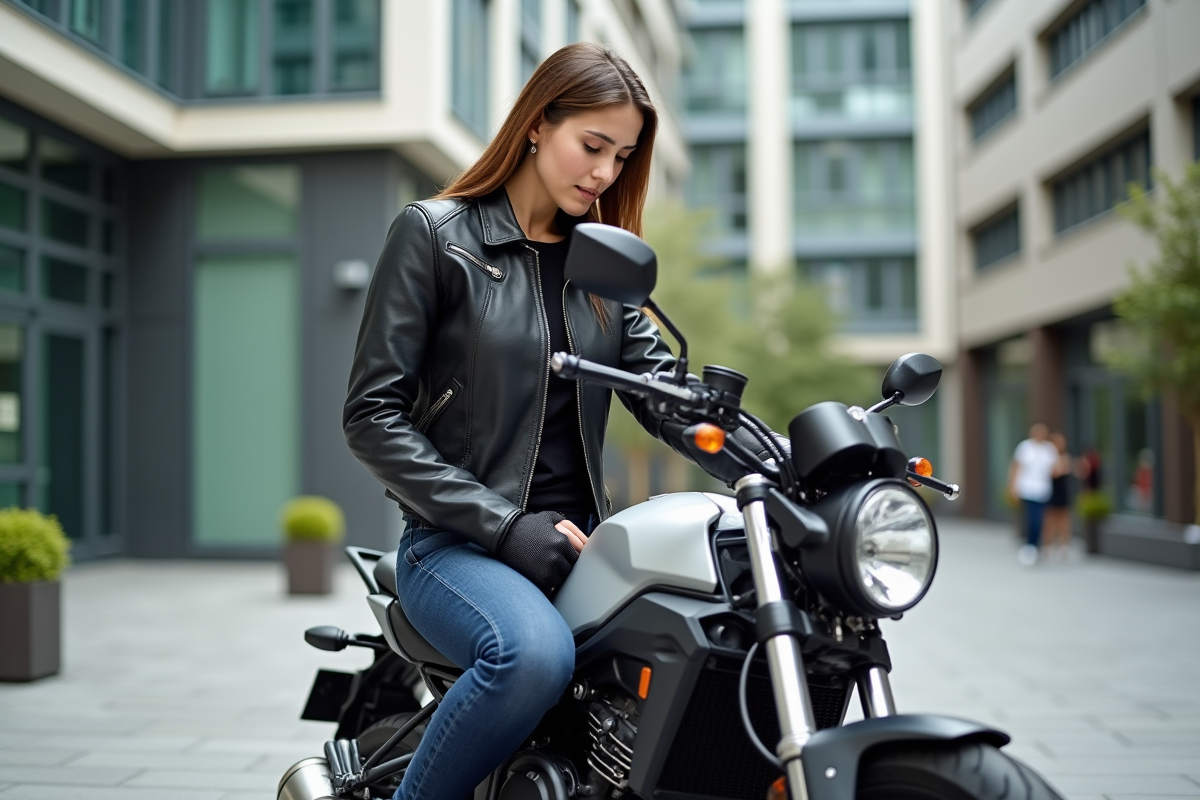 Jeune femme inspectant sa moto en ville moderne