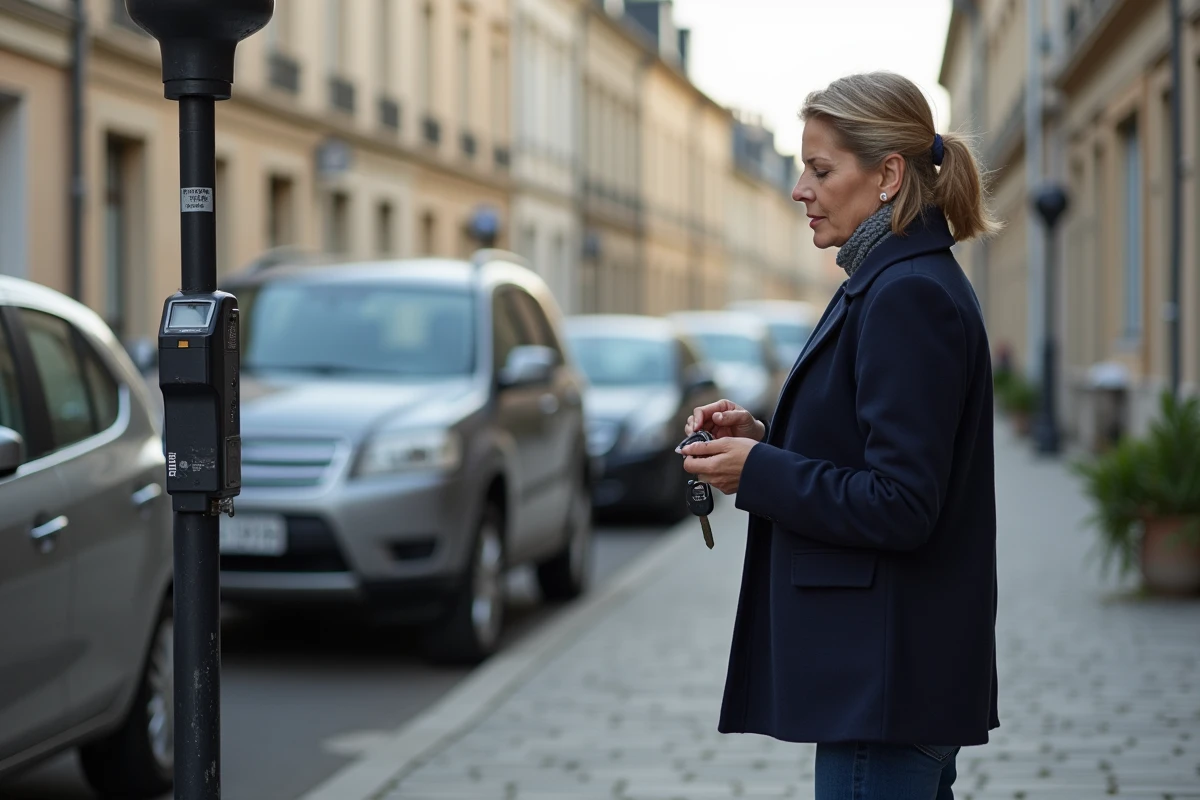 Femme en manteau navy et jeans devant un parking à Thonon