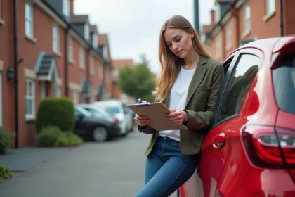 Jeune femme en smart casual près d'une voiture rouge en extérieur
