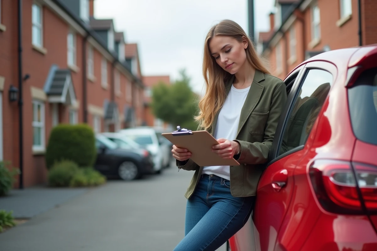 Jeune femme en smart casual près d'une voiture rouge en extérieur