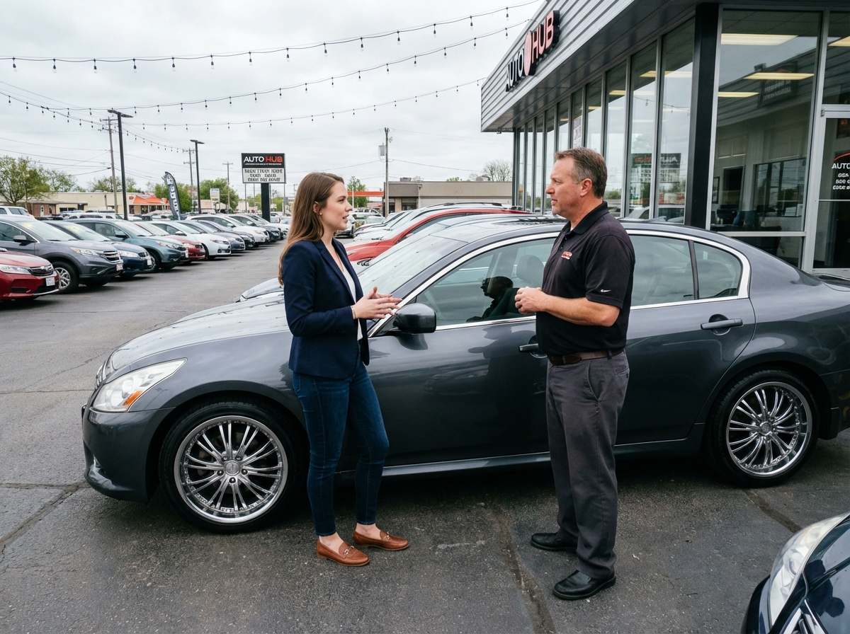 Femme discutant avec un vendeur devant une voiture avec jantes neuves