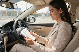 Femme au volant d'une voiture vérifiant ses documents de voyage avant d'entrer à Bruxelles