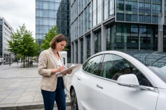 Jeune femme à côté d'une voiture électrique en ville