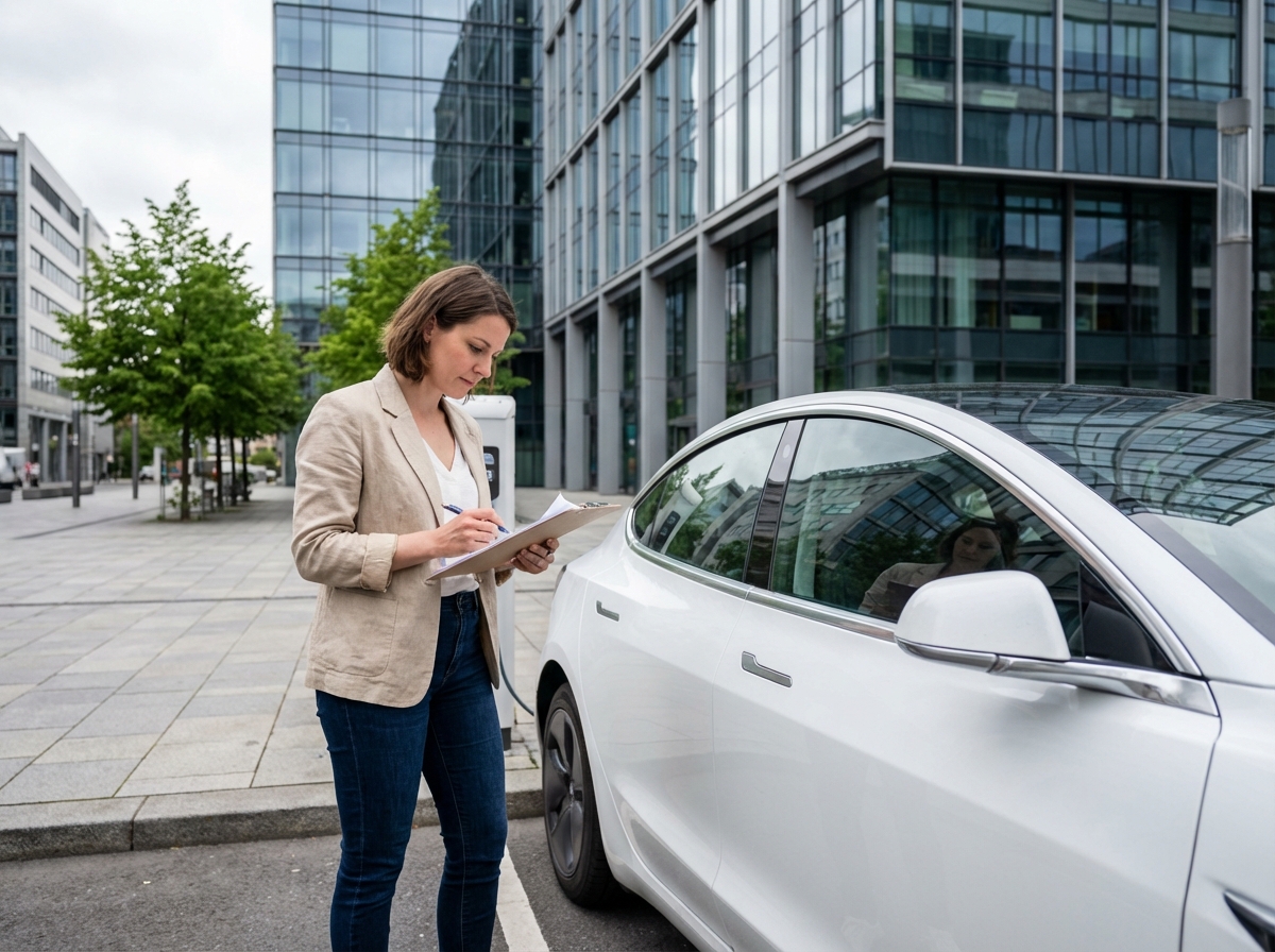 Jeune femme à côté d'une voiture électrique en ville