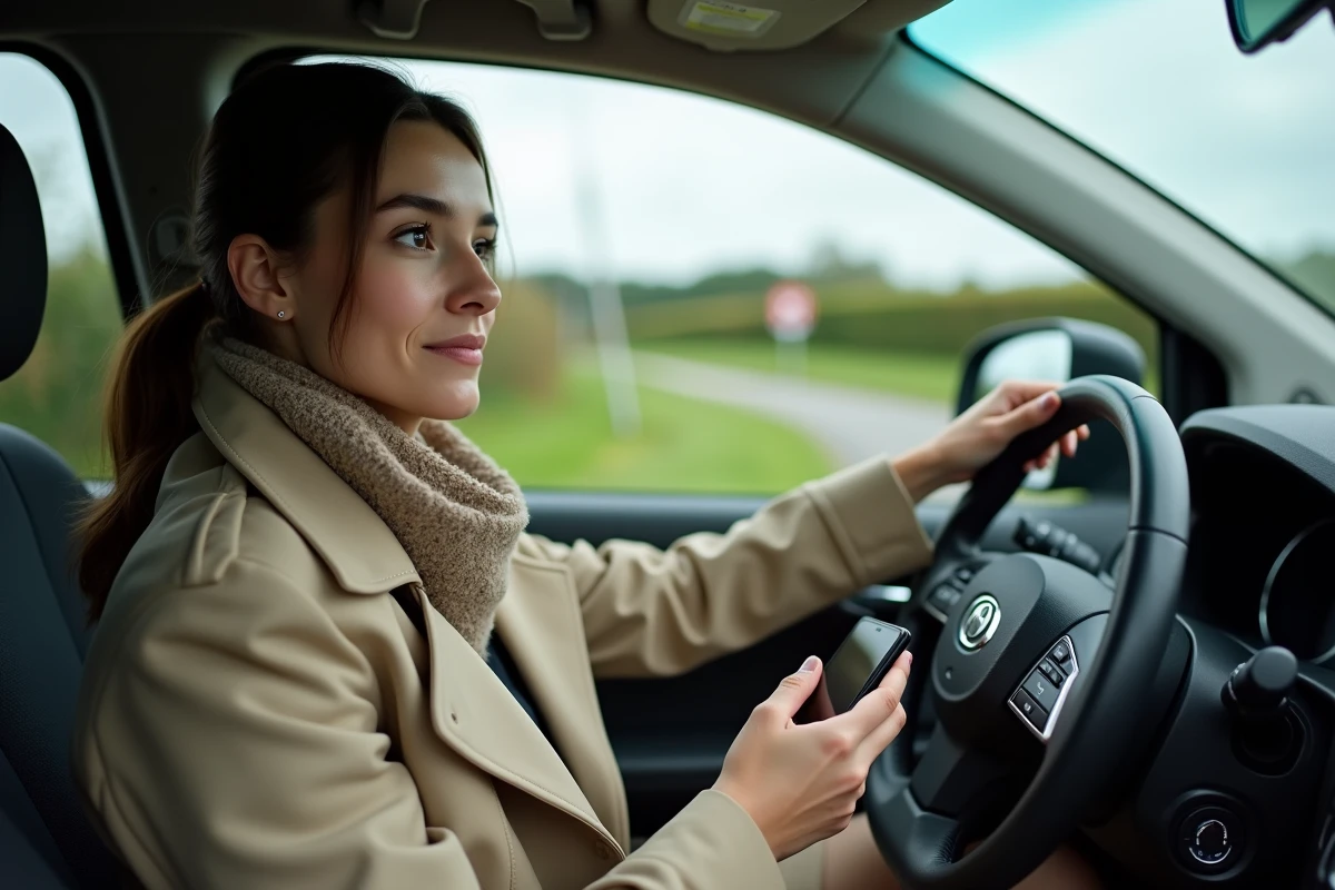 Jeune femme dans sa voiture regardant la route et GPS