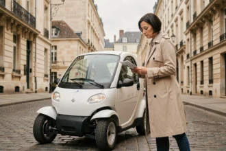 Femme examinant une voiture sans permis blanche garée dans une rue de Reims avec des bâtiments en pierre calcaire en arrière-plan