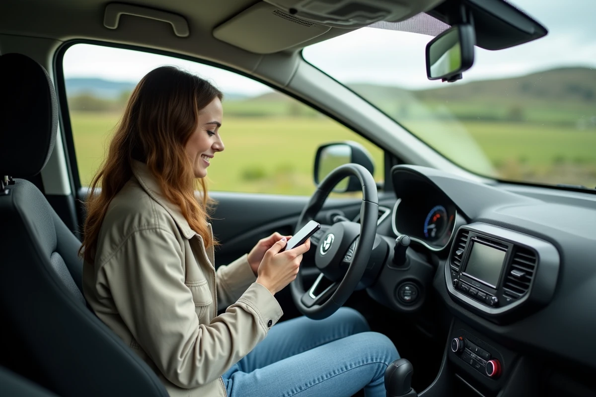 Jeune femme souriante dans une voiture en campagne au repos