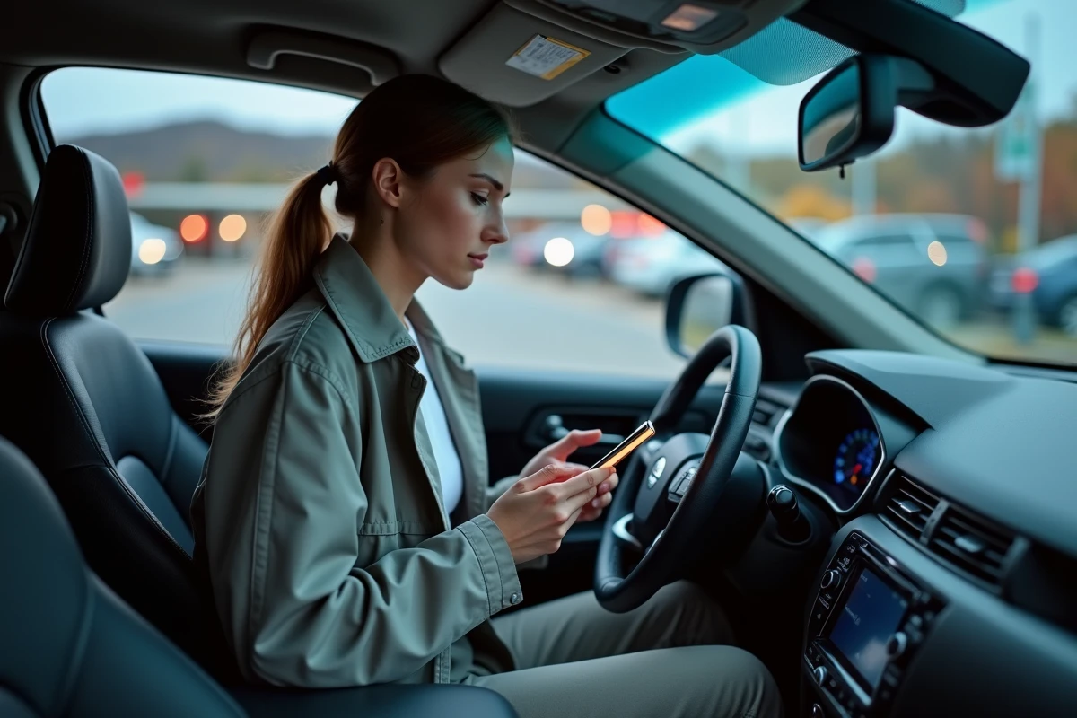 Jeune femme vérifie un indicateur lumineux dans une voiture avec son smartphone