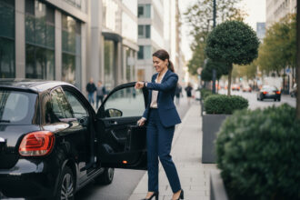 Femme d'affaires sortant d'une voiture moderne en ville