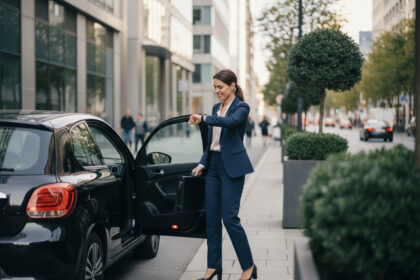 Femme d'affaires sortant d'une voiture moderne en ville