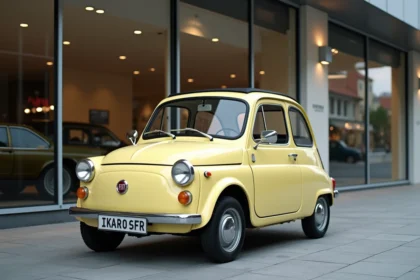 Fiat Topolino jaune pastel garée devant un concessionnaire automobile moderne, vue en perspective trois quarts avant