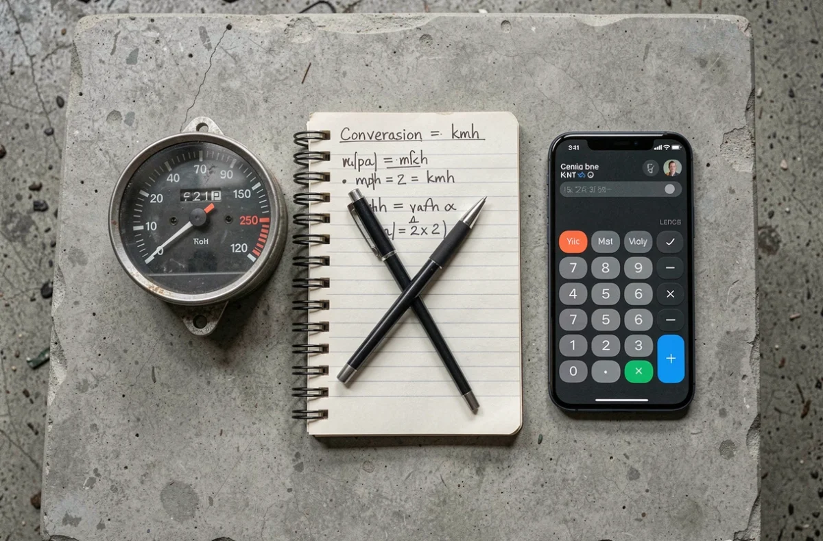 Vue aérienne d'un compteur de vitesse analogique, d'un carnet de notes avec des formules de conversion mph en kmh et d'un smartphone calculatrice