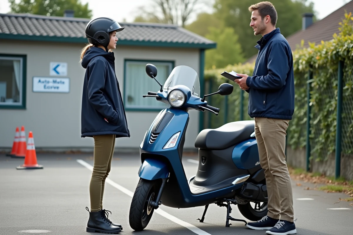Adolescente en formation BSR avec un moniteur d'auto-école à côté d'un scooter dans un parking d'école de conduite