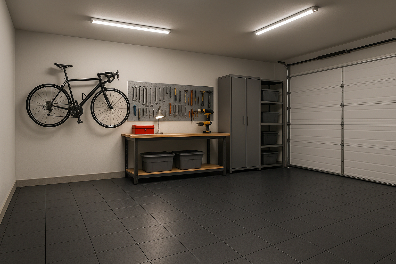Garage spacieux avec sol en dalles caoutchouc et espace de travail organisé