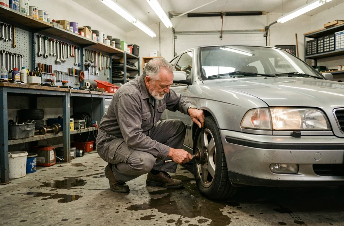 Mécanicien expérimenté inspectant une roue dans l'atelier du Garage Cuneo à Seynod