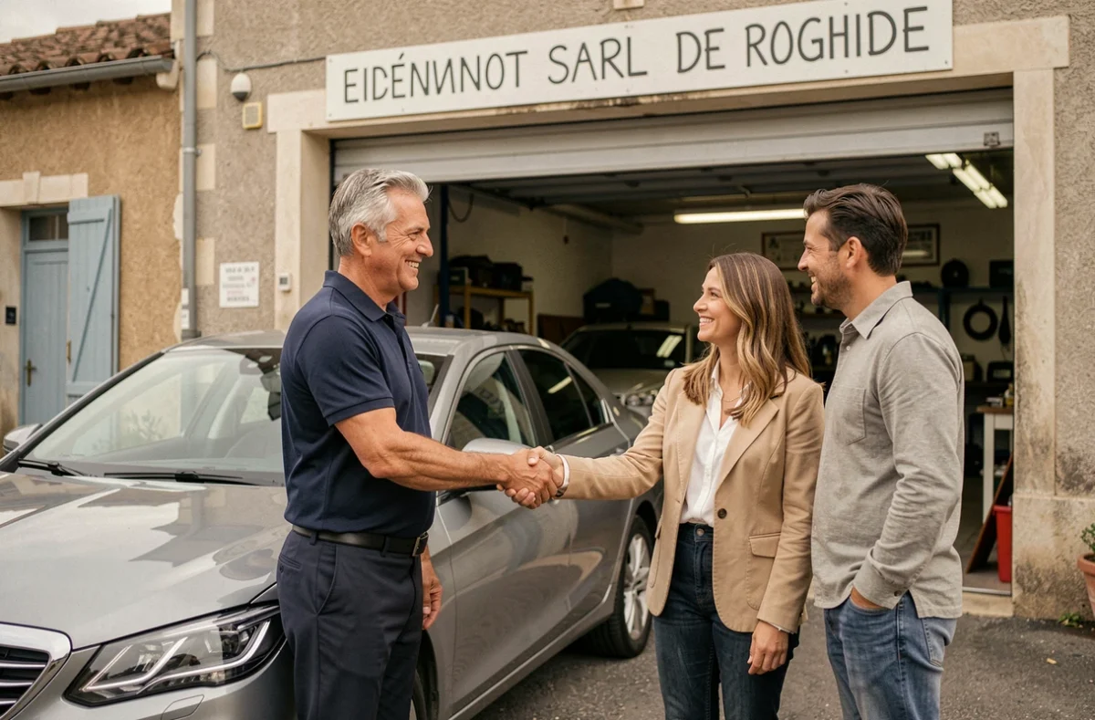 Vendeur du Garage MARIE - SARL AMD Automobiles à Saint-Barthélemy-d'Anjou accueillant des clients devant un véhicule d'occasion