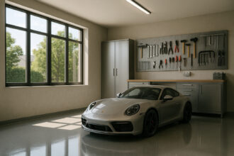 Photo d'un garage moderne avec sol epoxy brillant et voiture de sport