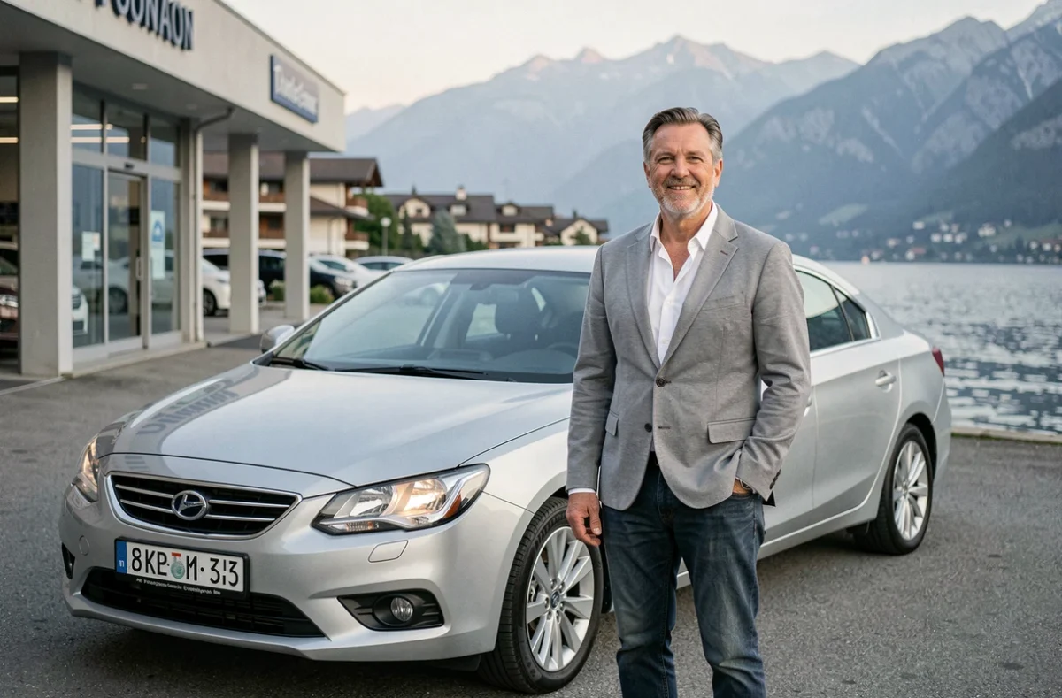 Vendeur posant devant un véhicule sur le parvis de Gaud Car System à Thonon-les-Bains