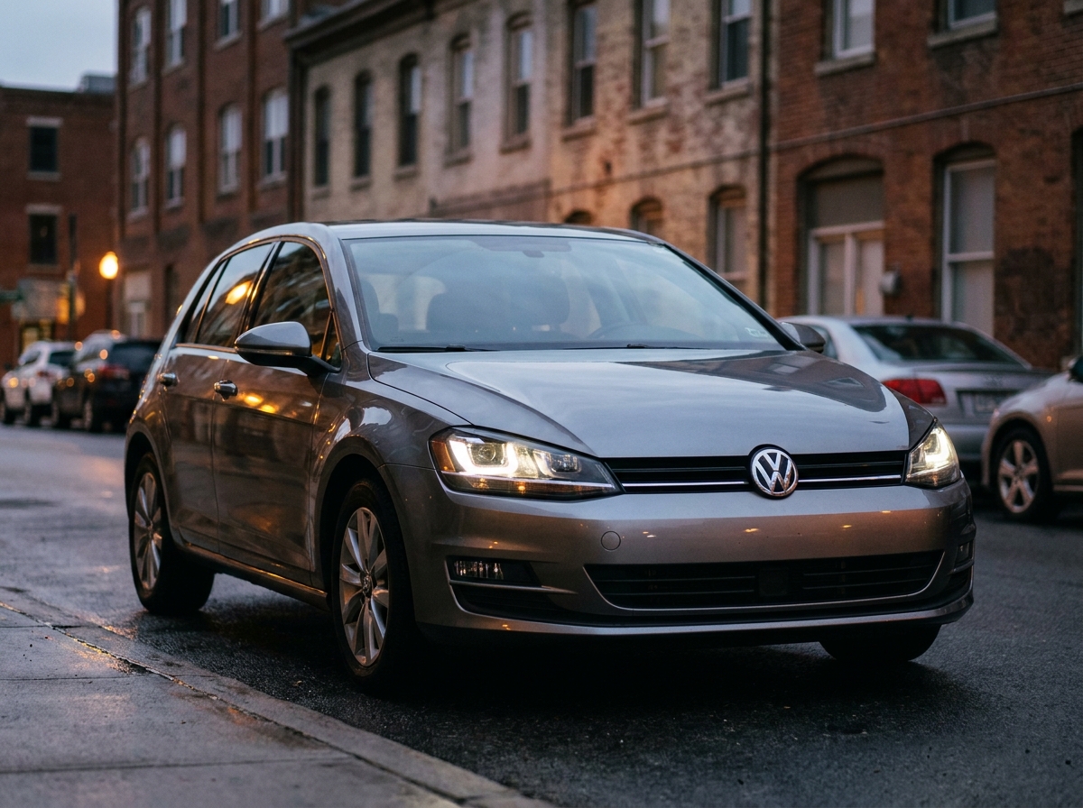 Volkswagen Golf grise aux phares restaurés garée dans une rue urbaine au crépuscule, mettant en valeur le changement de look de la voiture