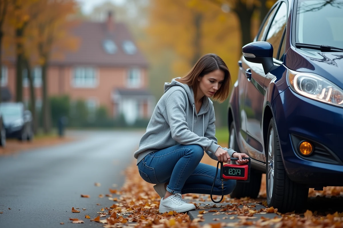 Femme gonflant le pneu de sa Ford Fiesta avec un gonfleur portable dans une rue résidentielle