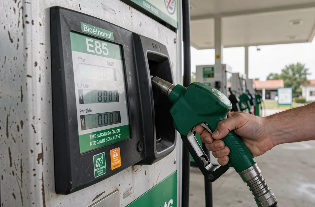Gros plan sur un pistolet de pompe à carburant E85 bioéthanol dans une station-service, avec le prix affiché sur l'écran numérique et l'étiquette verte visible