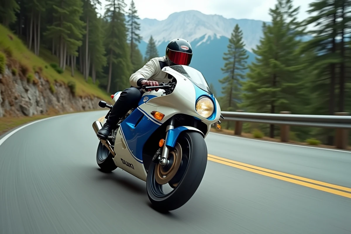Suzuki GSXR 1100 de 1992 en pleine action sur une route sinueuse des Alpes françaises, effet de filé illustrant la dynamique sportive de la moto classique
