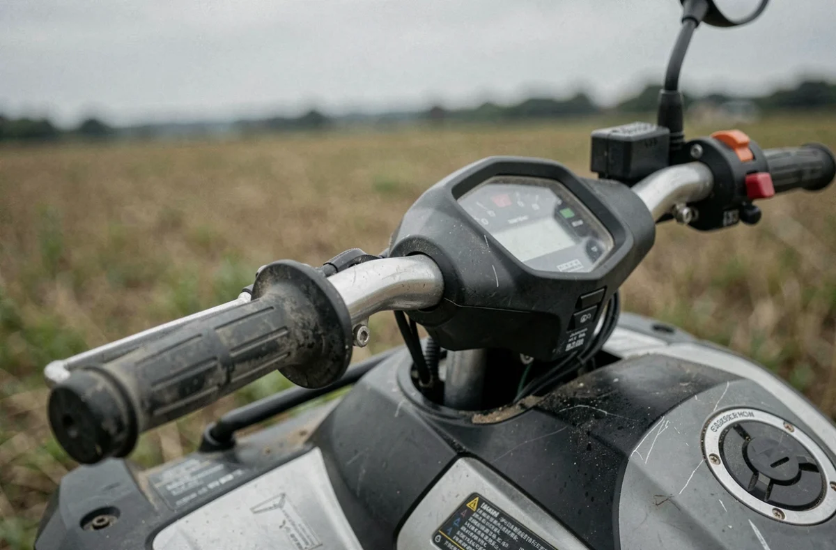 Gros plan sur le guidon d'un quad sans équipements homologués pour la route