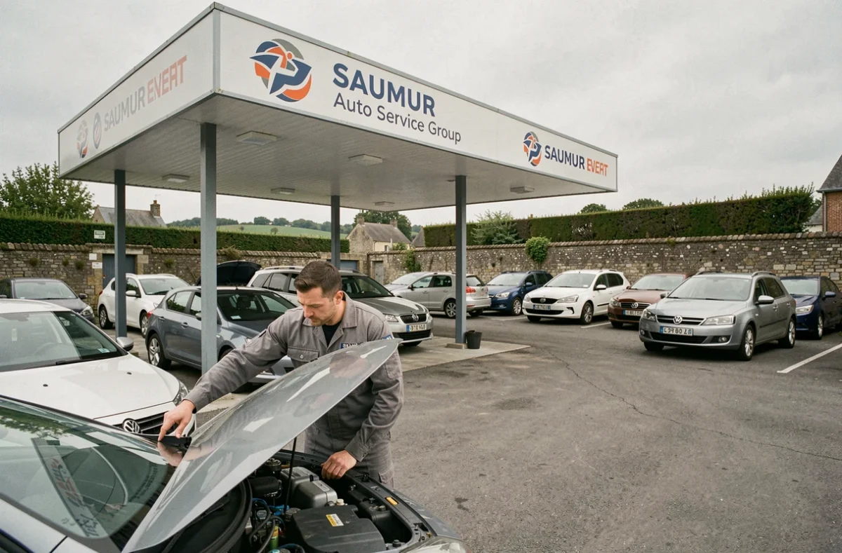 Technicien inspectant un véhicule d'occasion sur le forecourt de GVO Saumur - Auto Service Distréenne à Distré