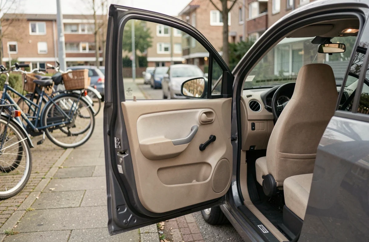 Habitacle intérieur d'une voiture sans permis vue depuis la portière ouverte, avec manivelle de vitre et sellerie tissu