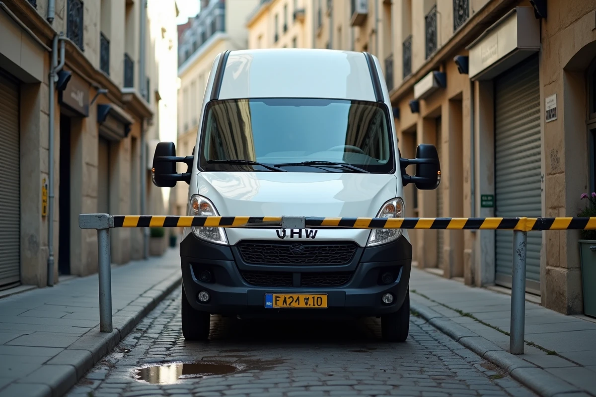 Détail de la hauteur d'un van utilitaire sous une barre de limitation dans une rue étroite en ville