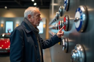 Historien automobile examine un affichage d'emblemes anciens