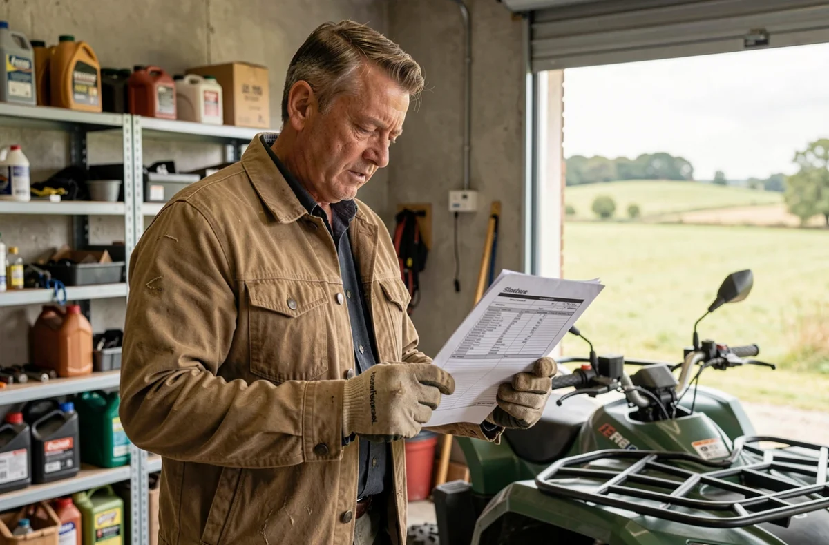 Homme consultant un formulaire d'assurance pour un quad dans un garage rural