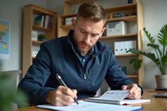 Homme d'âge moyen étudiant une table de conversion mph kmh dans un bureau moderne