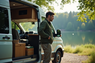 Homme ouvrant la porte d'un van au bord du lac