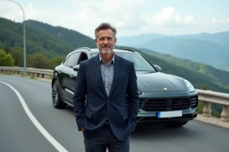 Homme en veste bleue à côté d'une Cayenne S Magnum en montagne