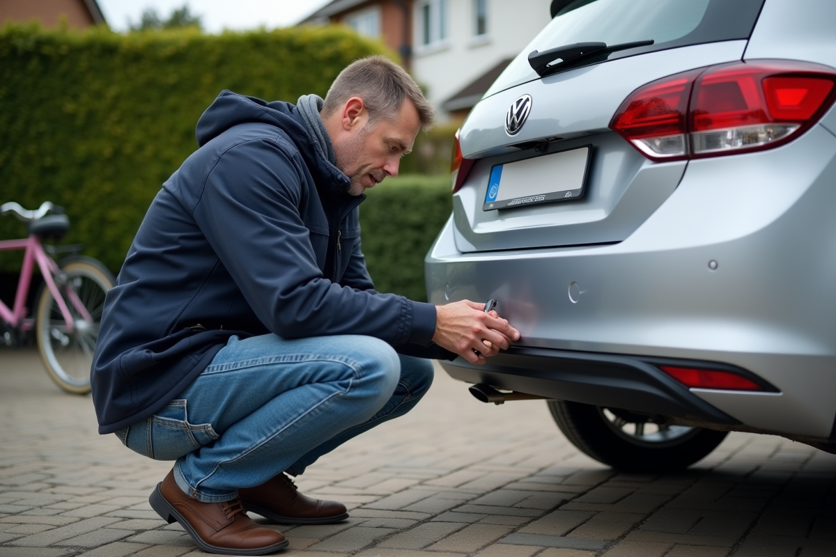 Homme en veste de travail ajuste une plaque d'immatriculation