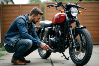 Homme vérifiant la chaîne d'une moto Avengers 125cc en extérieur