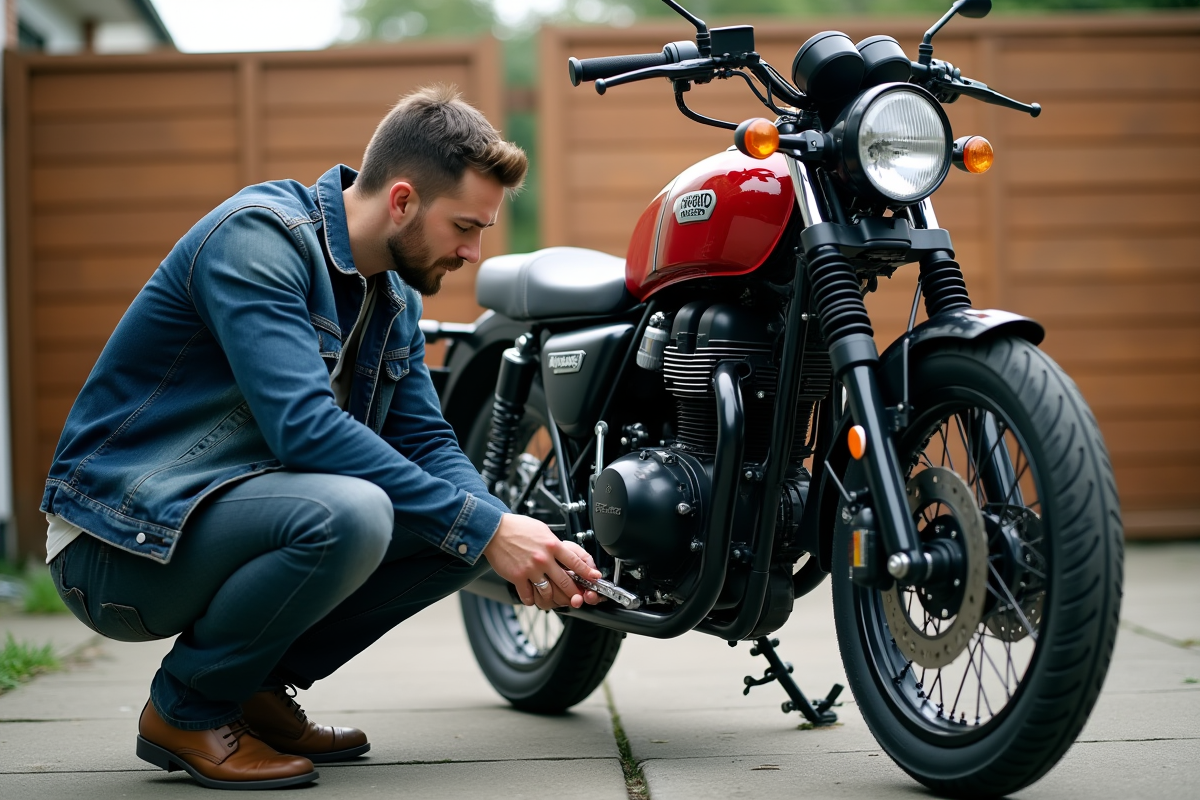Homme vérifiant la chaîne d'une moto Avengers 125cc en extérieur