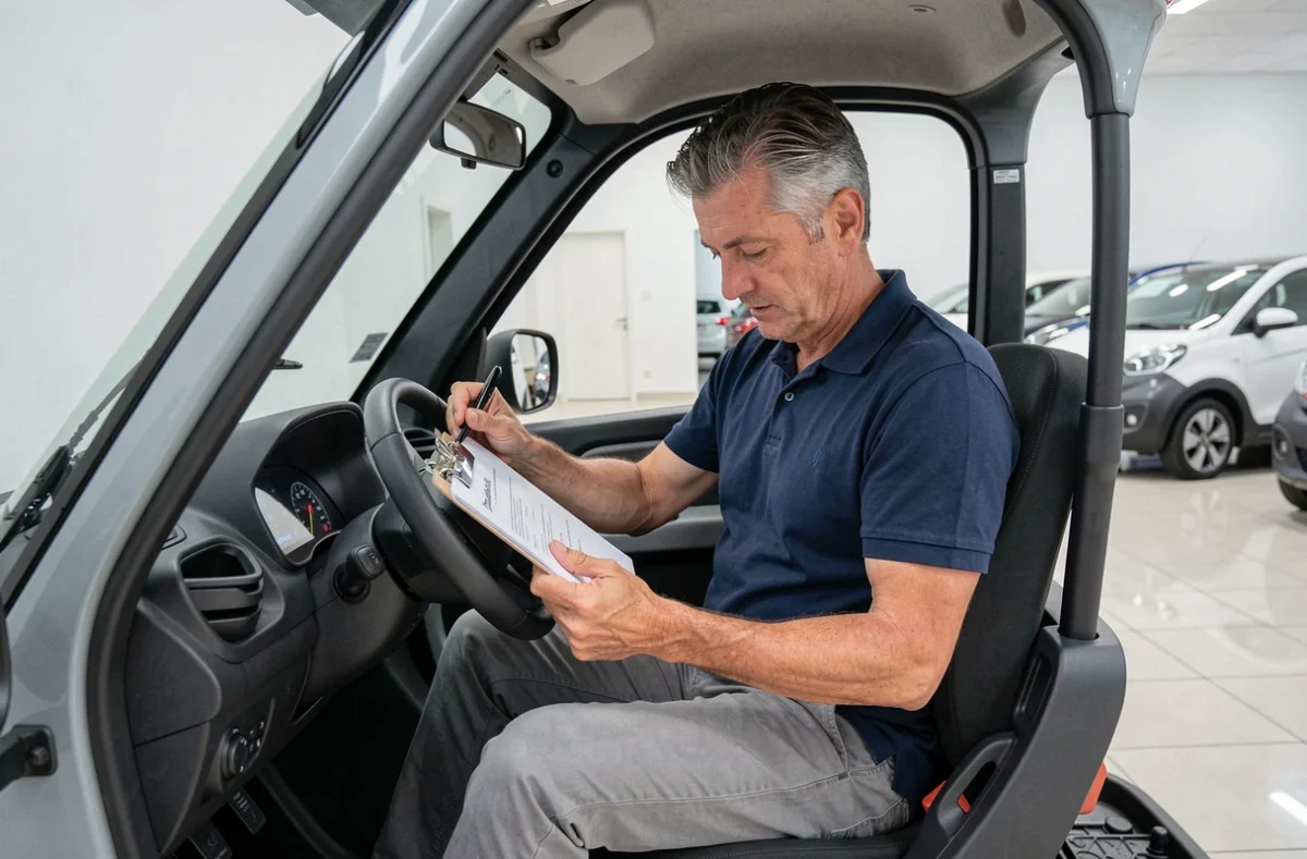 Homme assis dans une voiture sans permis électrique chez un concessionnaire à Reims en train de consulter des documents administratifs