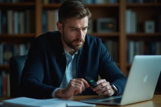 Homme examinant un petit détecteur de traceur GPS dans un bureau à domicile, ordinateur portable ouvert sur une carte de géolocalisation