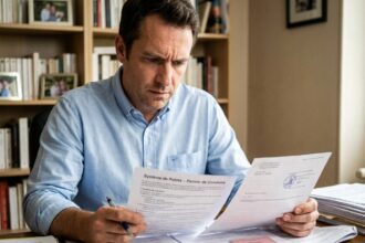 Homme consultant des documents officiels liés au permis à points à son bureau à domicile