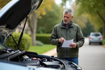 Homme d'âge moyen examinant le moteur d'un SUV moderne