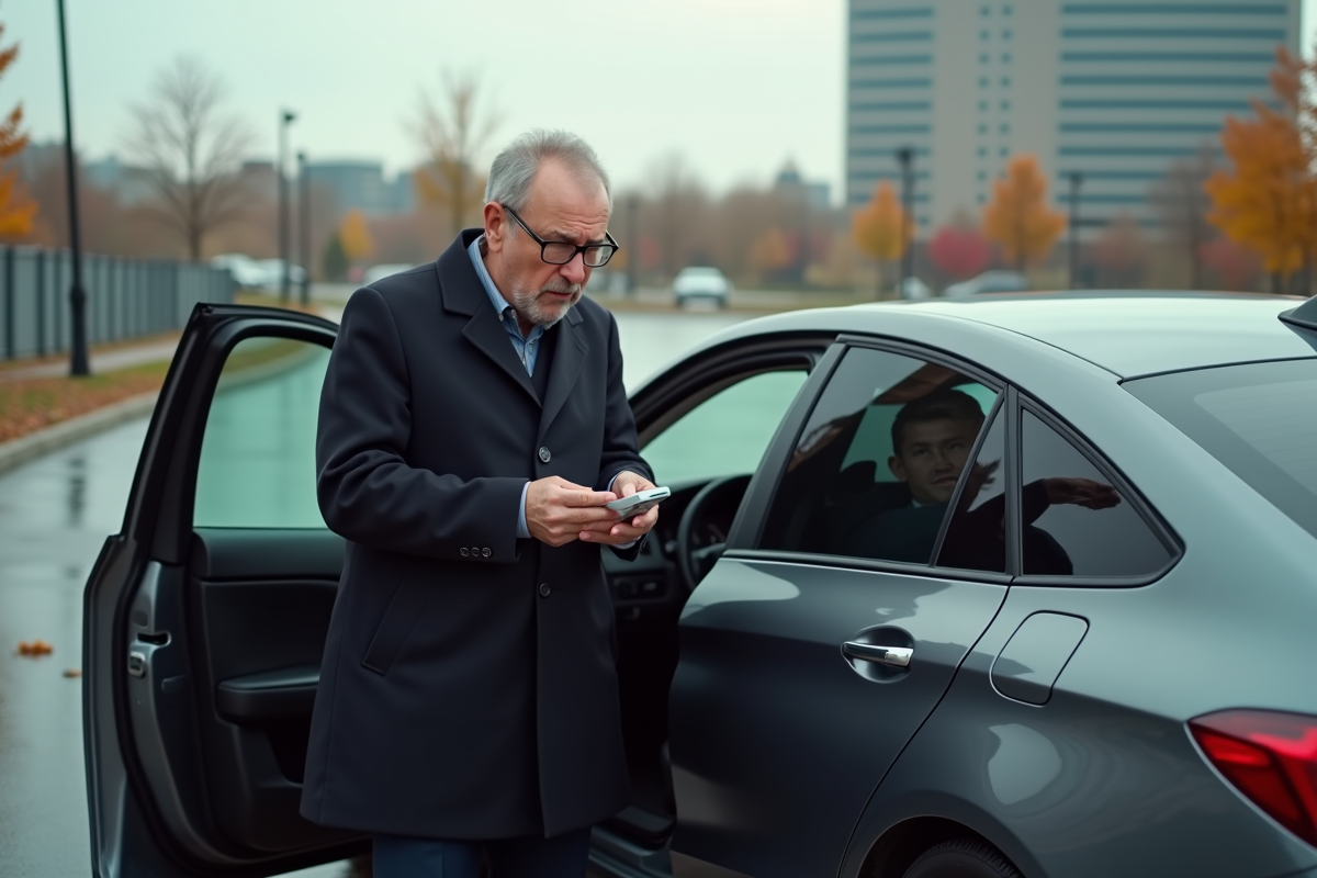 Homme sortant de sa voiture en vérifiant son permis de conduire