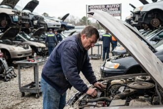 Homme en veste marine inspectant le moteur d'une voiture d'occasion
