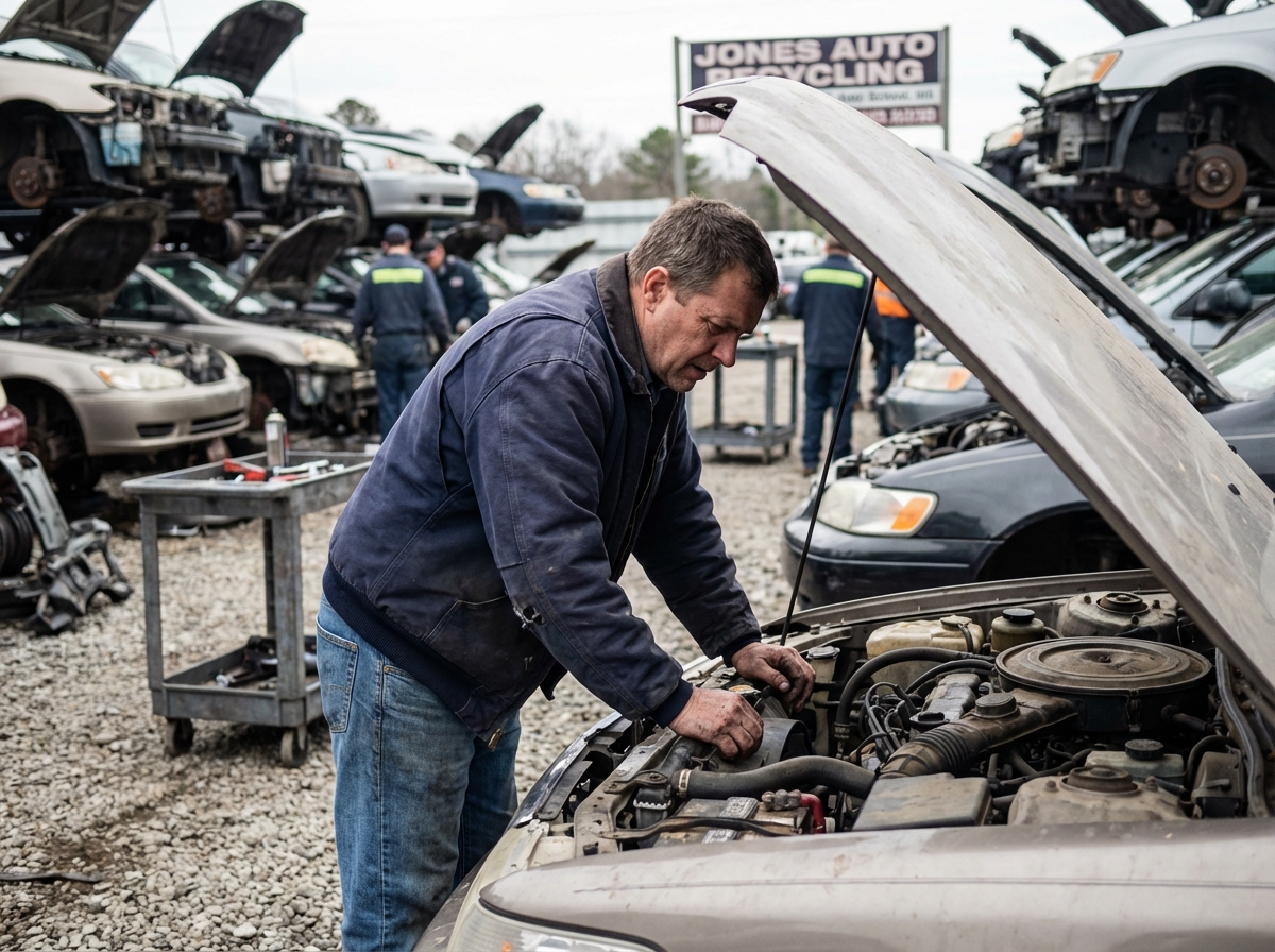 Homme en veste marine inspectant le moteur d'une voiture d'occasion